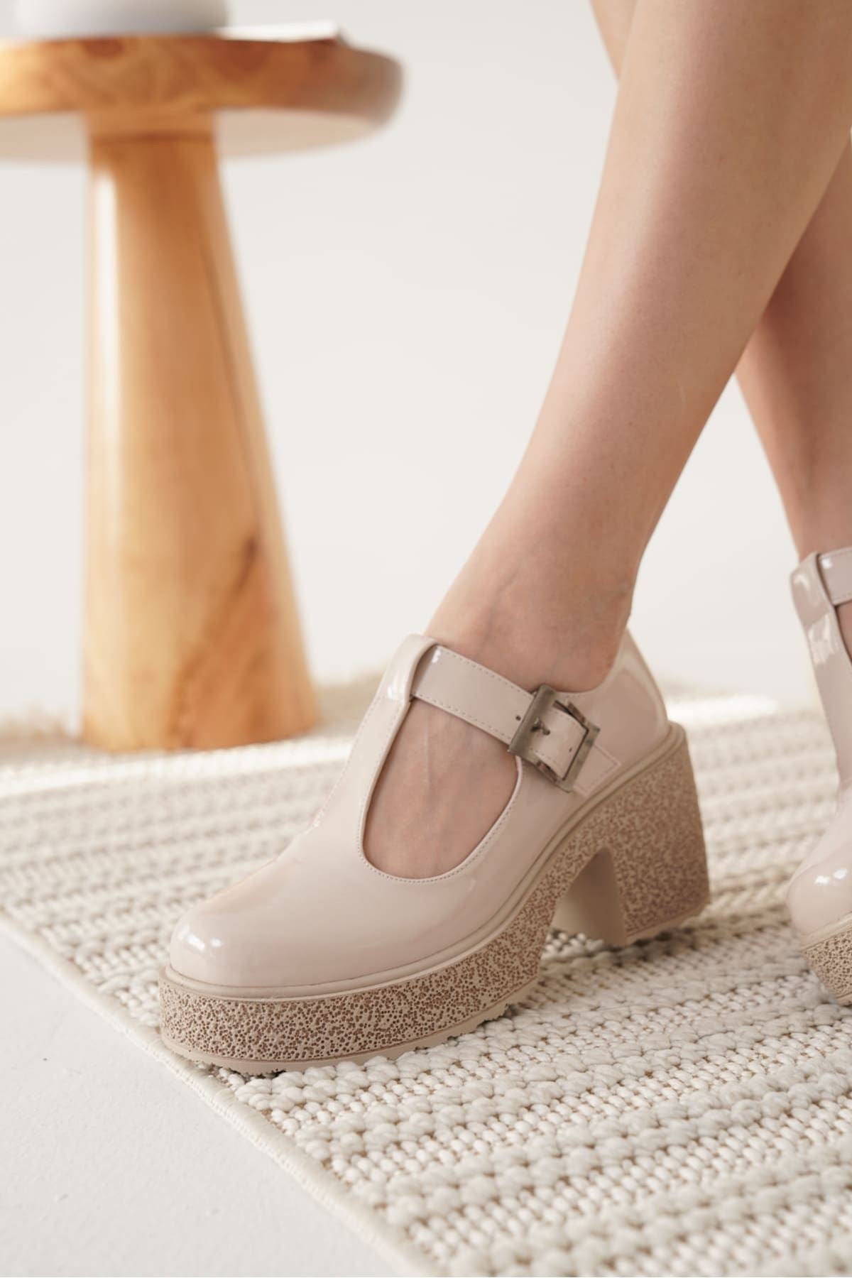 Mathilda Premium Beige Patent Leather Casual Wedge Heeled Shoes