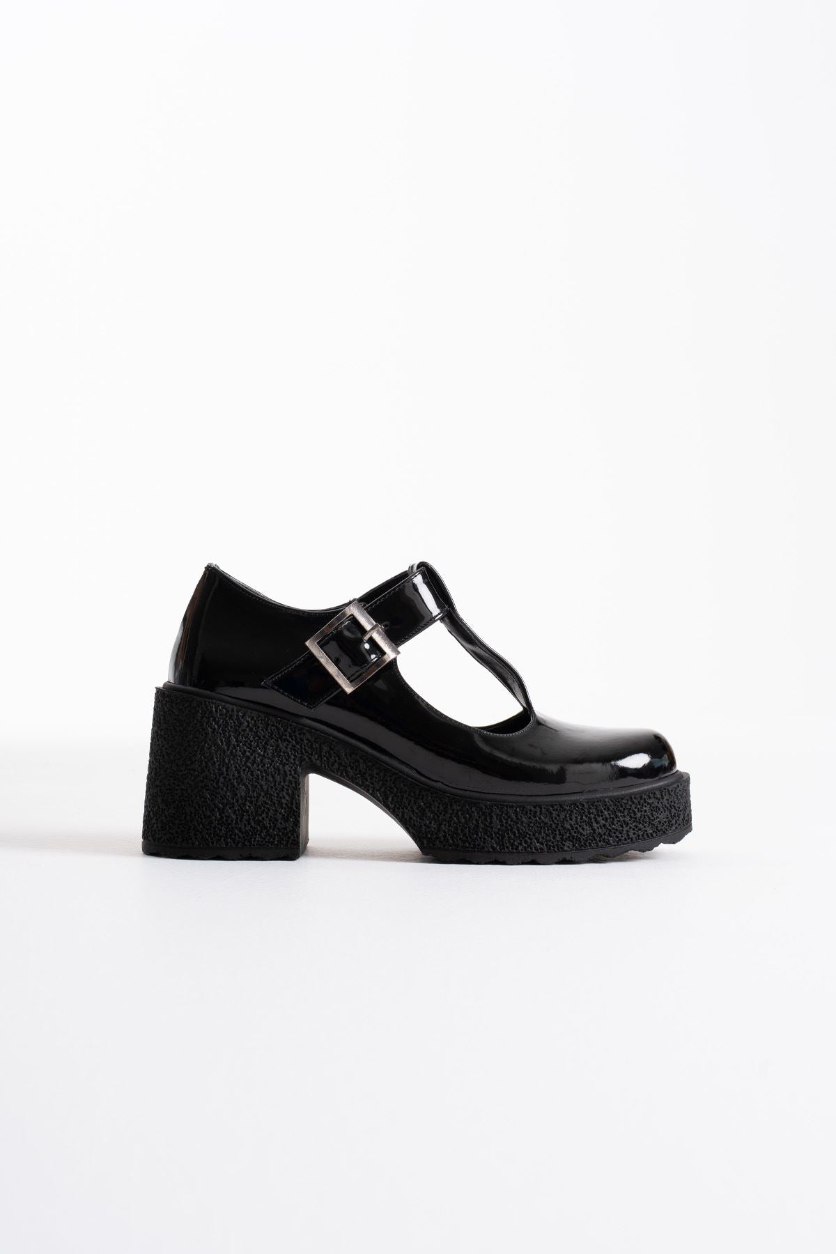 Mathilda Premium Black Patent Leather Daily Wedge Heeled Shoes