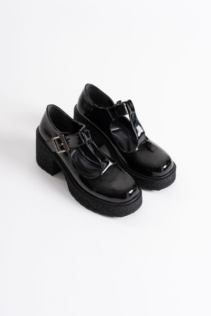 Mathilda Premium Black Patent Leather Daily Wedge Heeled Shoes