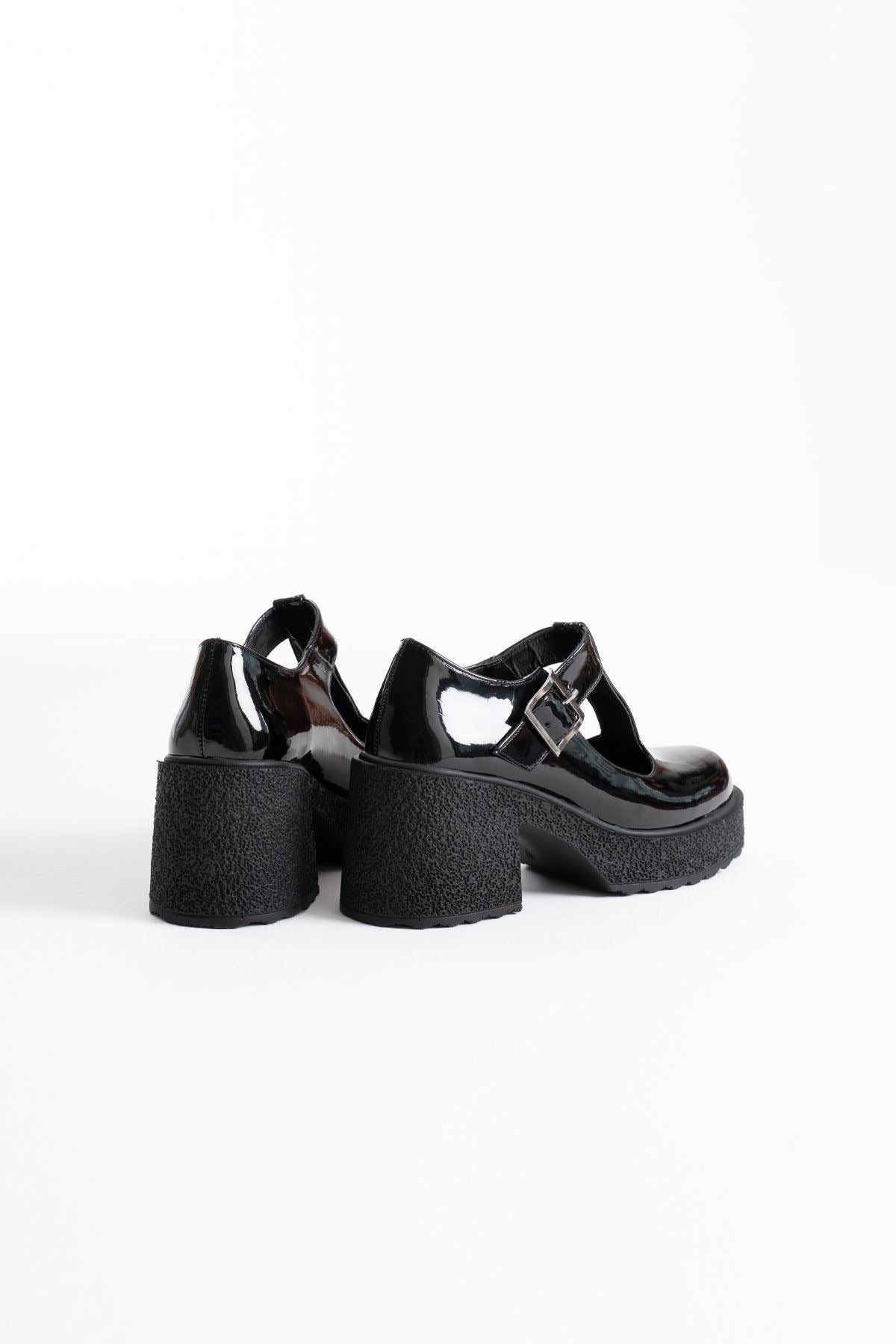 Mathilda Premium Black Patent Leather Daily Wedge Heeled Shoes