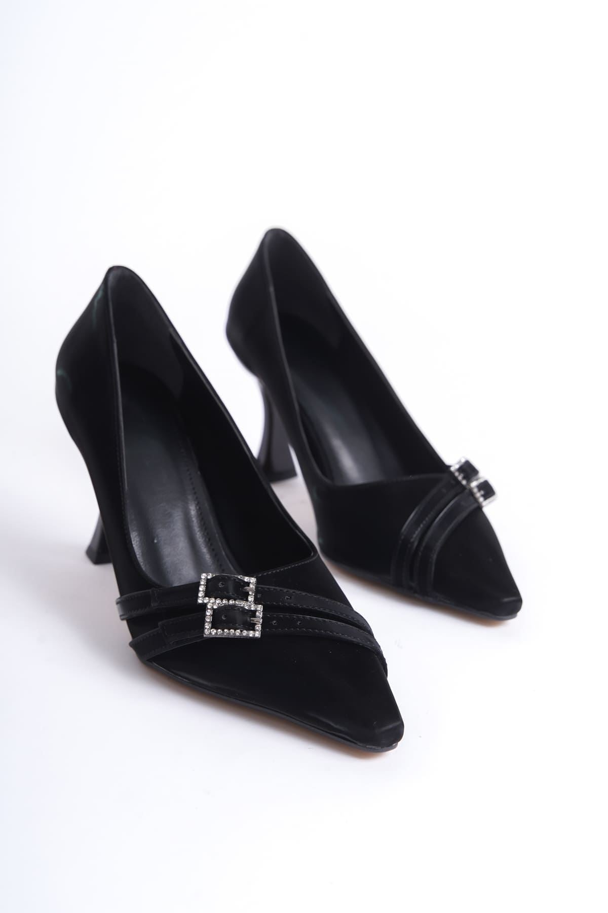 Aspen Premium Siyah Saten Rugan Stiletto 7cm