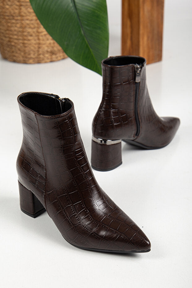 Meça Premium Kroko Desen Kahverengi Topuklu Bot