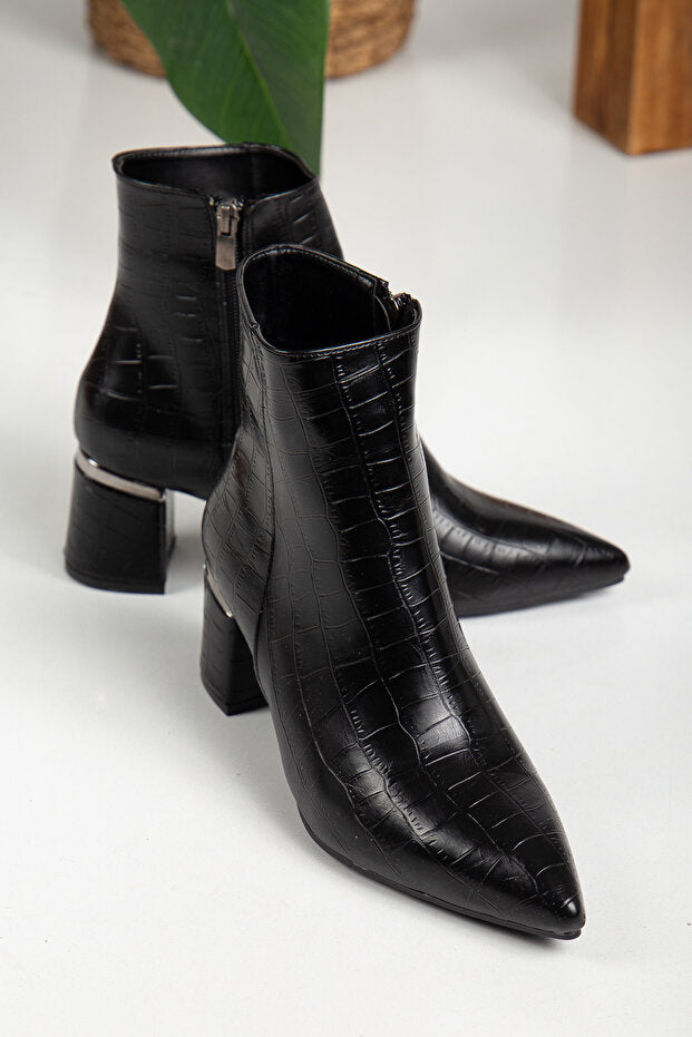 Meça Premium Kroko Desen Siyah Topuklu Bot