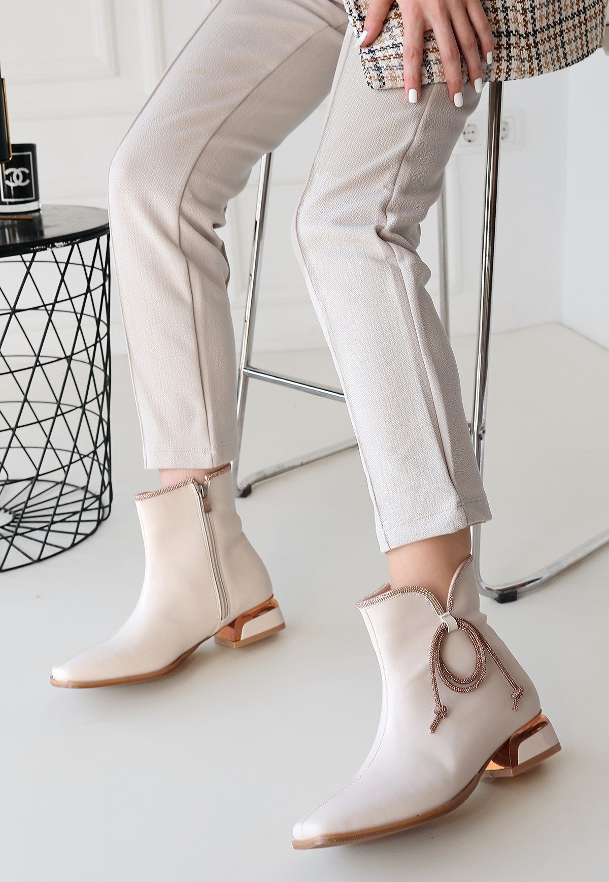 Melina Beige Stone Detailed High Heel Zippered Boots