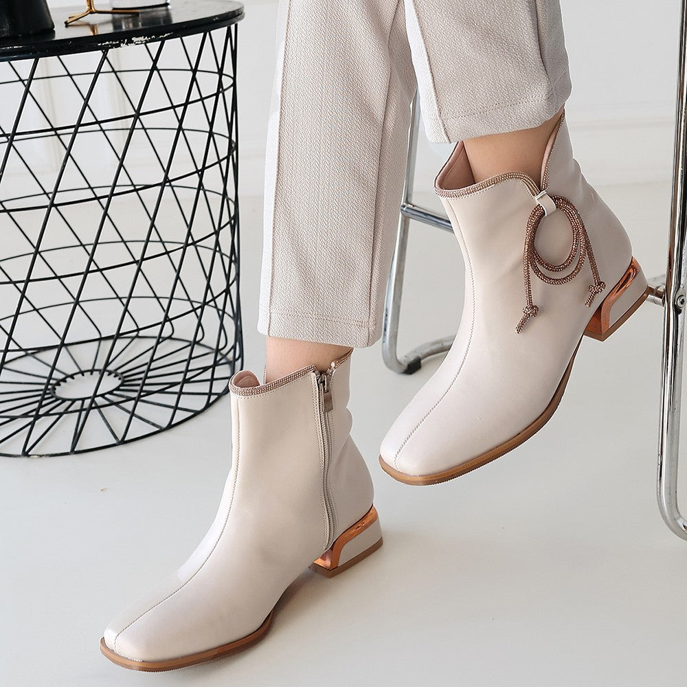 Melina Beige Stone Detailed High Heel Zippered Boots
