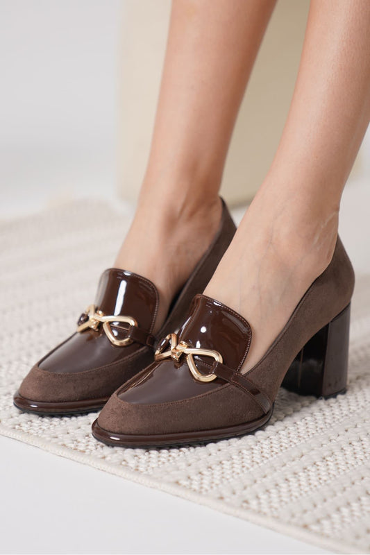 Melly Premium Bitter Brown Patent Leather Suede Detailed Women's High Heel Shoes