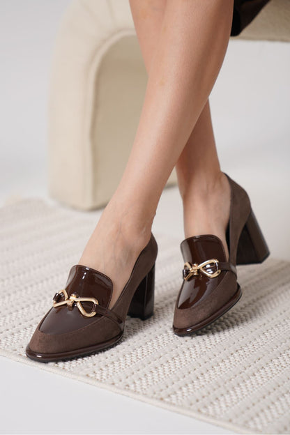 Melly Premium Bitter Brown Patent Leather Suede Detailed Women's High Heel Shoes