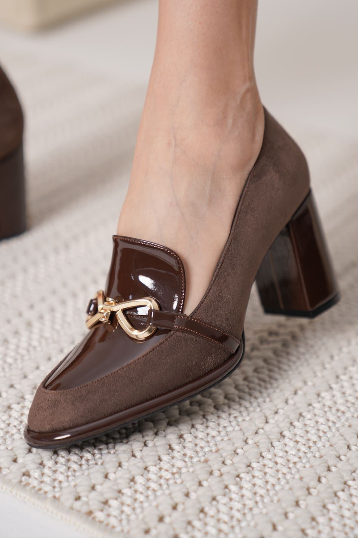 Melly Premium Bitter Brown Patent Leather Suede Detailed Women's High Heel Shoes