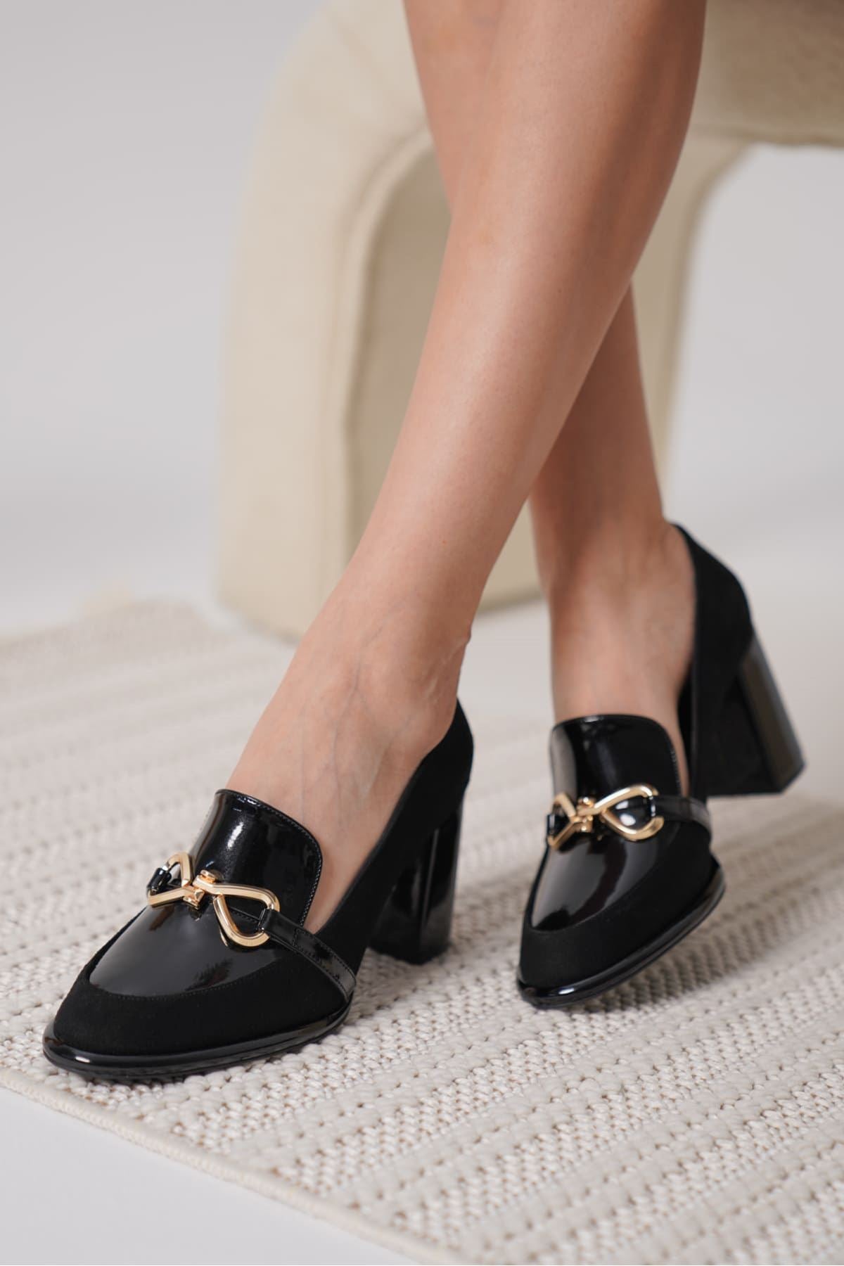 Melly Premium Black Patent Leather Suede Detailed Women's High Heel Shoes