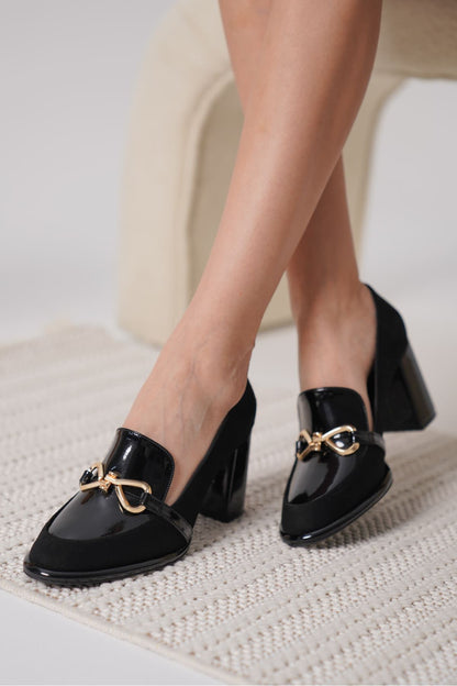 Melly Premium Black Patent Leather Suede Detailed Women's High Heel Shoes