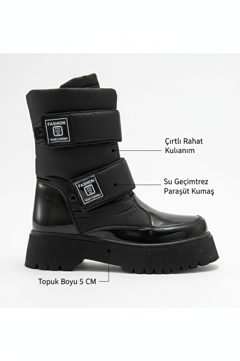 MİAX Paraşüt Kumaş Su Geçirmez Siyah Rugan Kar Botu