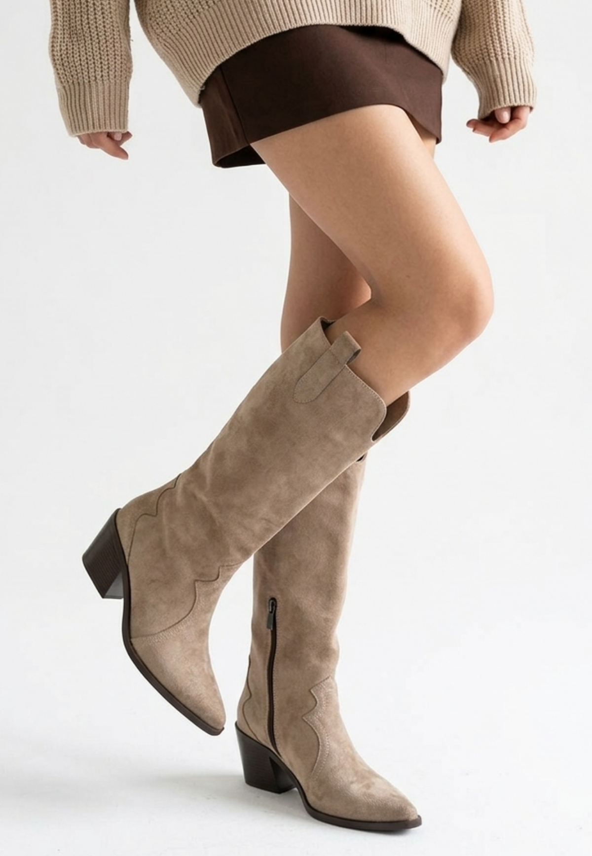 ZRNE-C16 Lux Bej Süet Topuklu Western Kovboy Çizme 6 cm