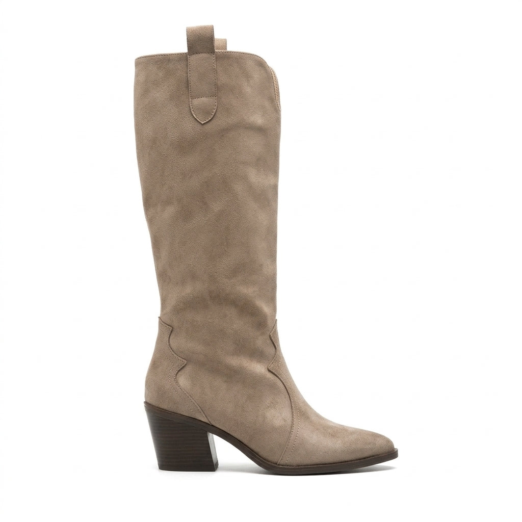 ZRNE-C16 Lux Bej Süet Topuklu Western Kovboy Çizme 6 cm