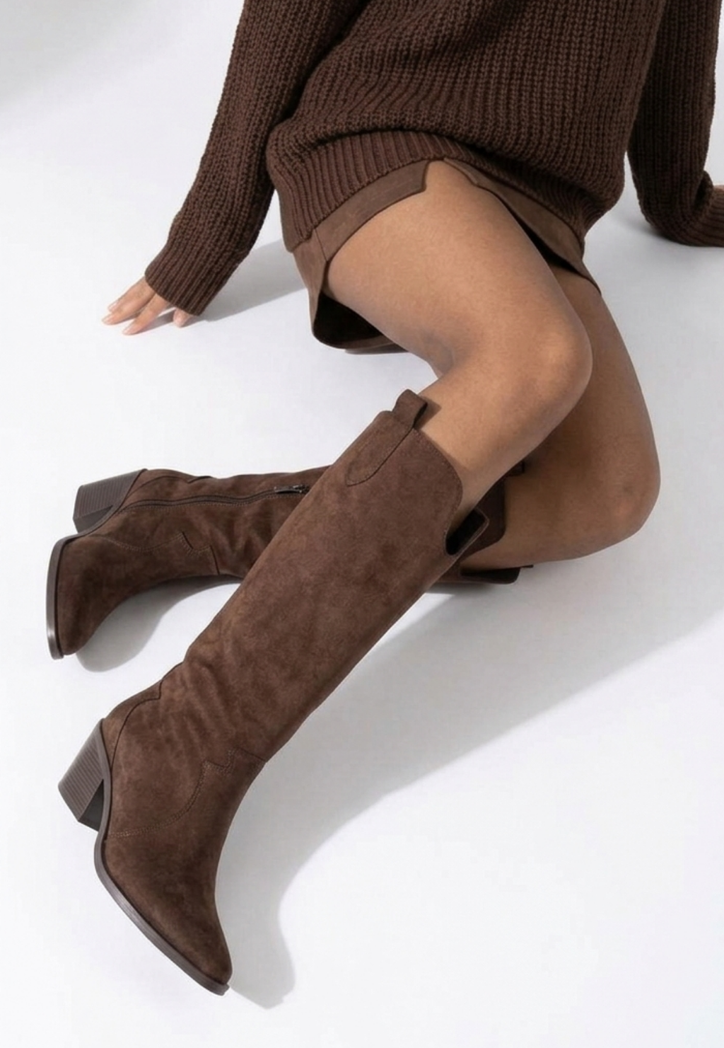 ZRNE-C16 Lux Kahve Süet Topuklu Western Kovboy Çizme 6 cm