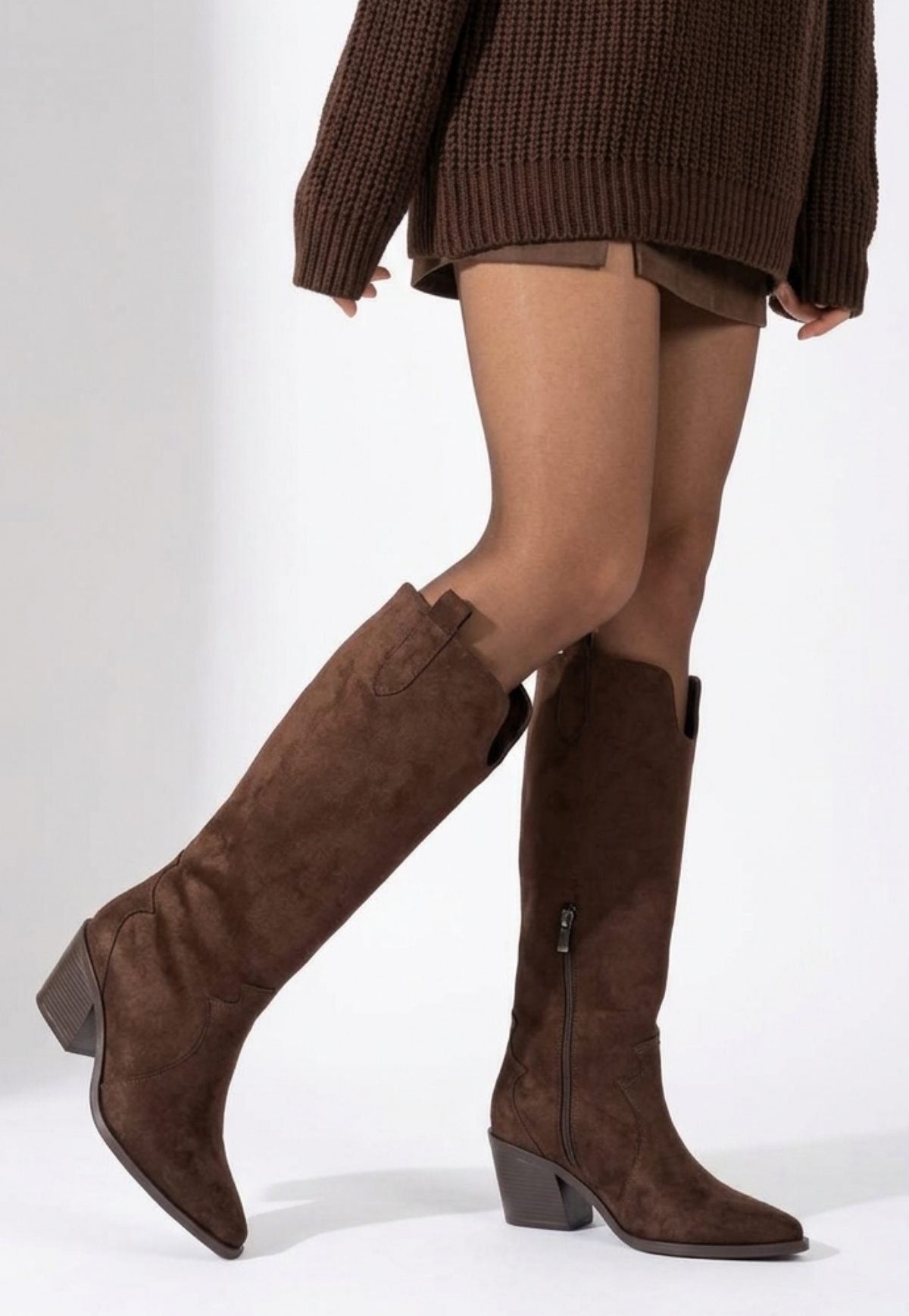 ZRNE-C16 Lux Kahve Süet Topuklu Western Kovboy Çizme 6 cm