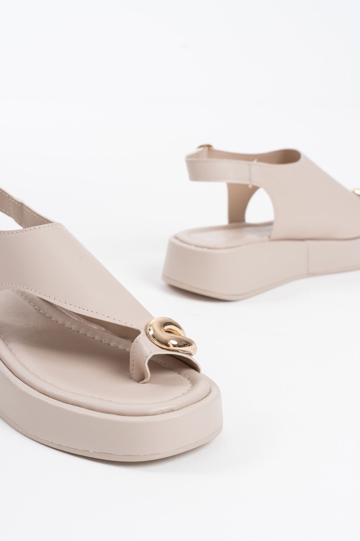Milena Premium Beige Buckle Detailed Sandals