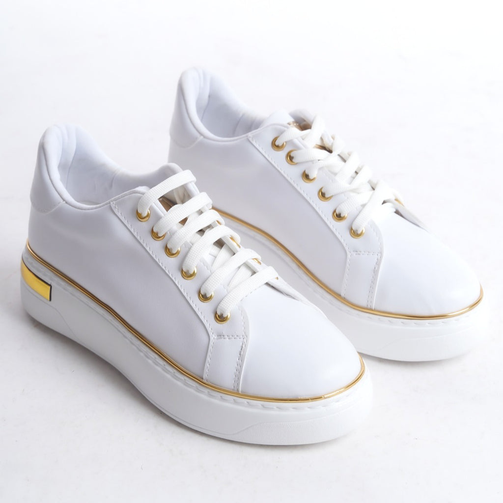 MINA Lace-Up Orthopedic Sole Women's Sneakers - White/Gold
