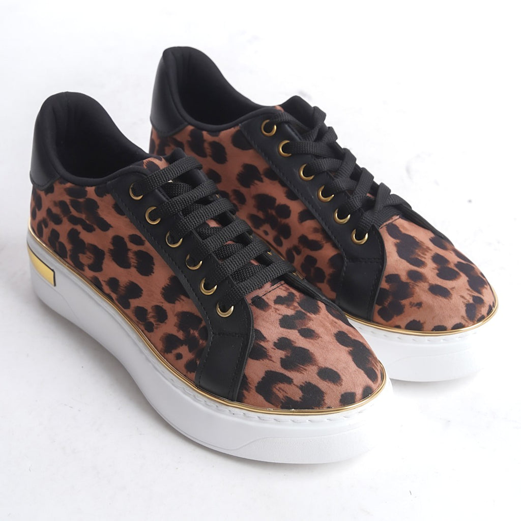 MINA Lace-Up Orthopedic Sole Leopard Patterned Women's Sneakers - Brown
