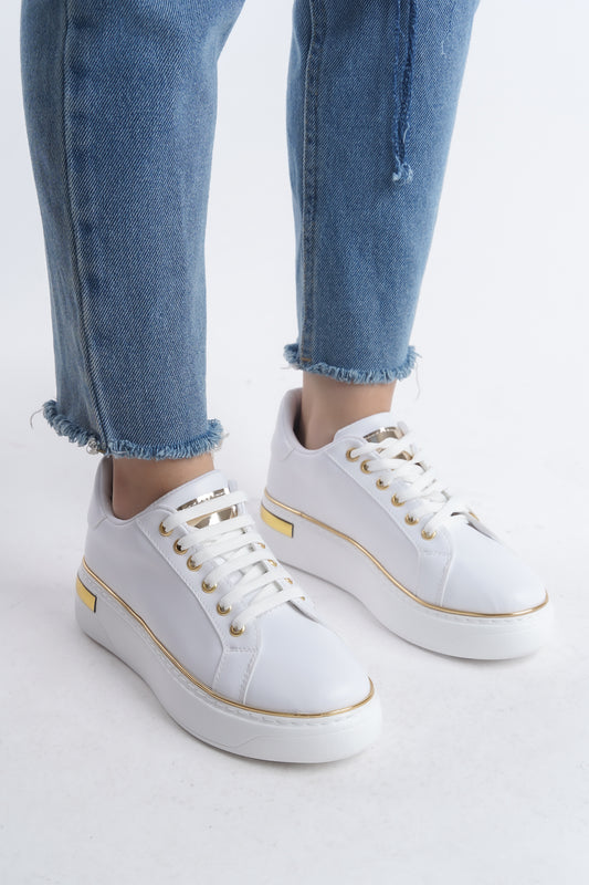 MINA Lace-Up Orthopedic Sole Women's Sneakers - White/Gold