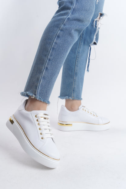 MINA Lace-Up Orthopedic Sole Women's Sneakers - White/Gold