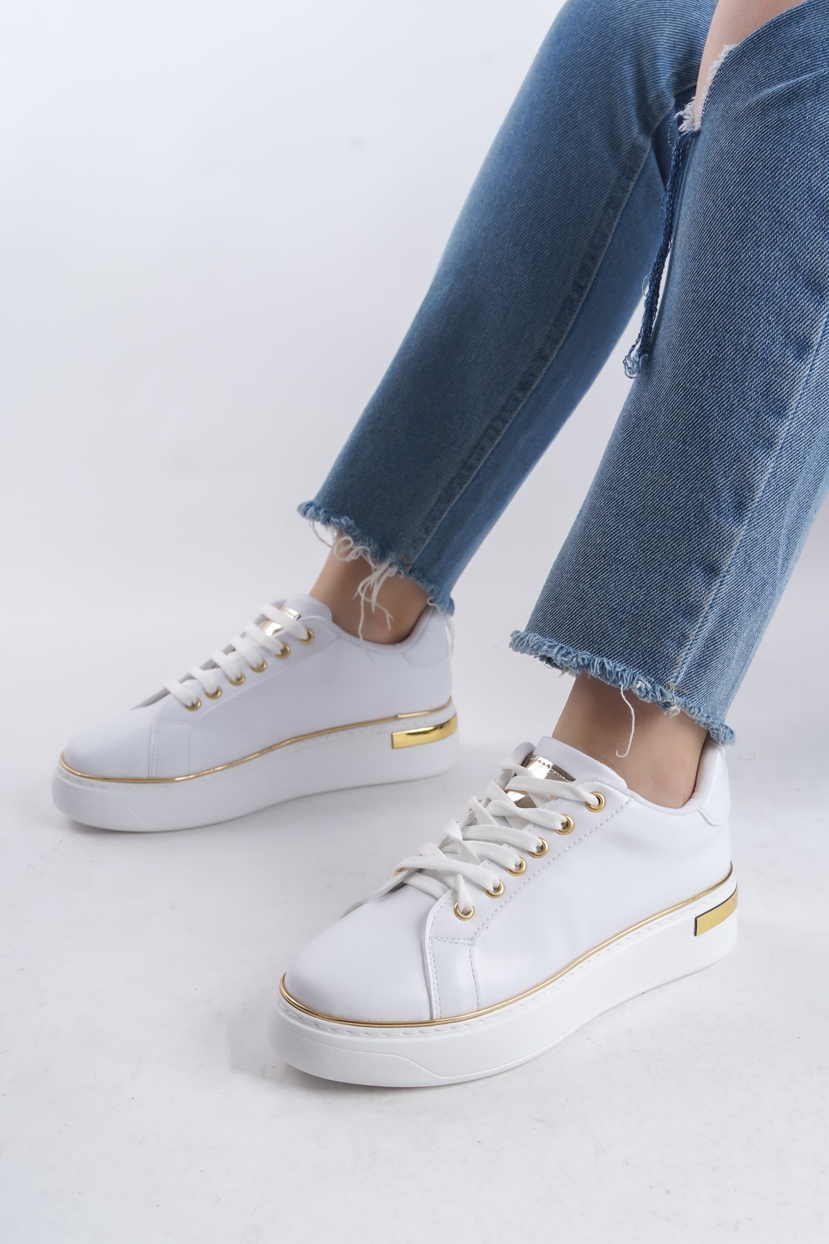 MINA Lace-Up Orthopedic Sole Women's Sneakers - White/Gold