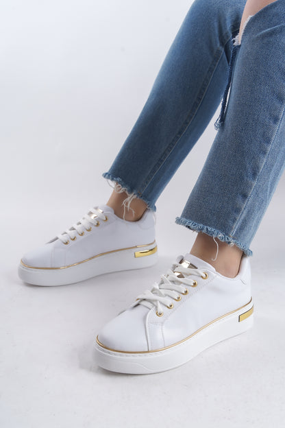 MINA Lace-Up Orthopedic Sole Women's Sneakers - White/Gold