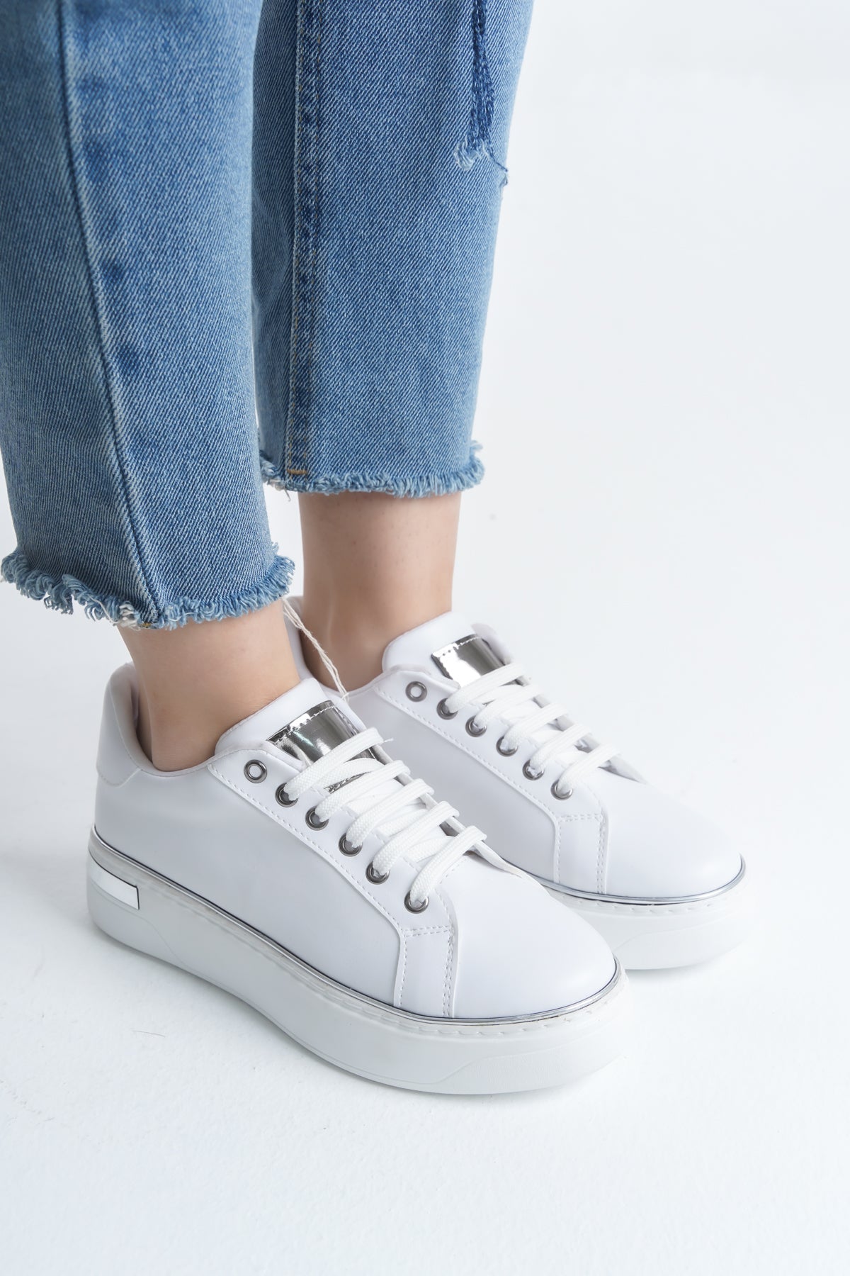 MINA Lace-Up Orthopedic Sole Women's Sneakers - White/Silver