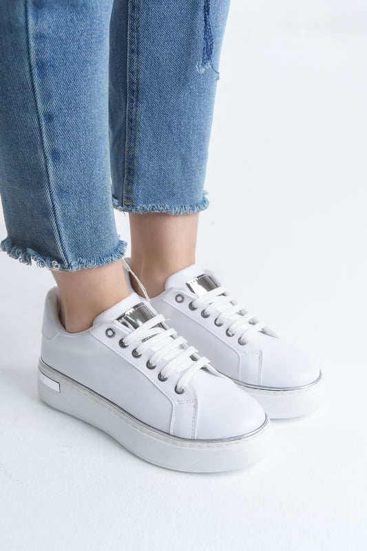 MINA Lace-Up Orthopedic Sole Women's Sneakers - White/Silver