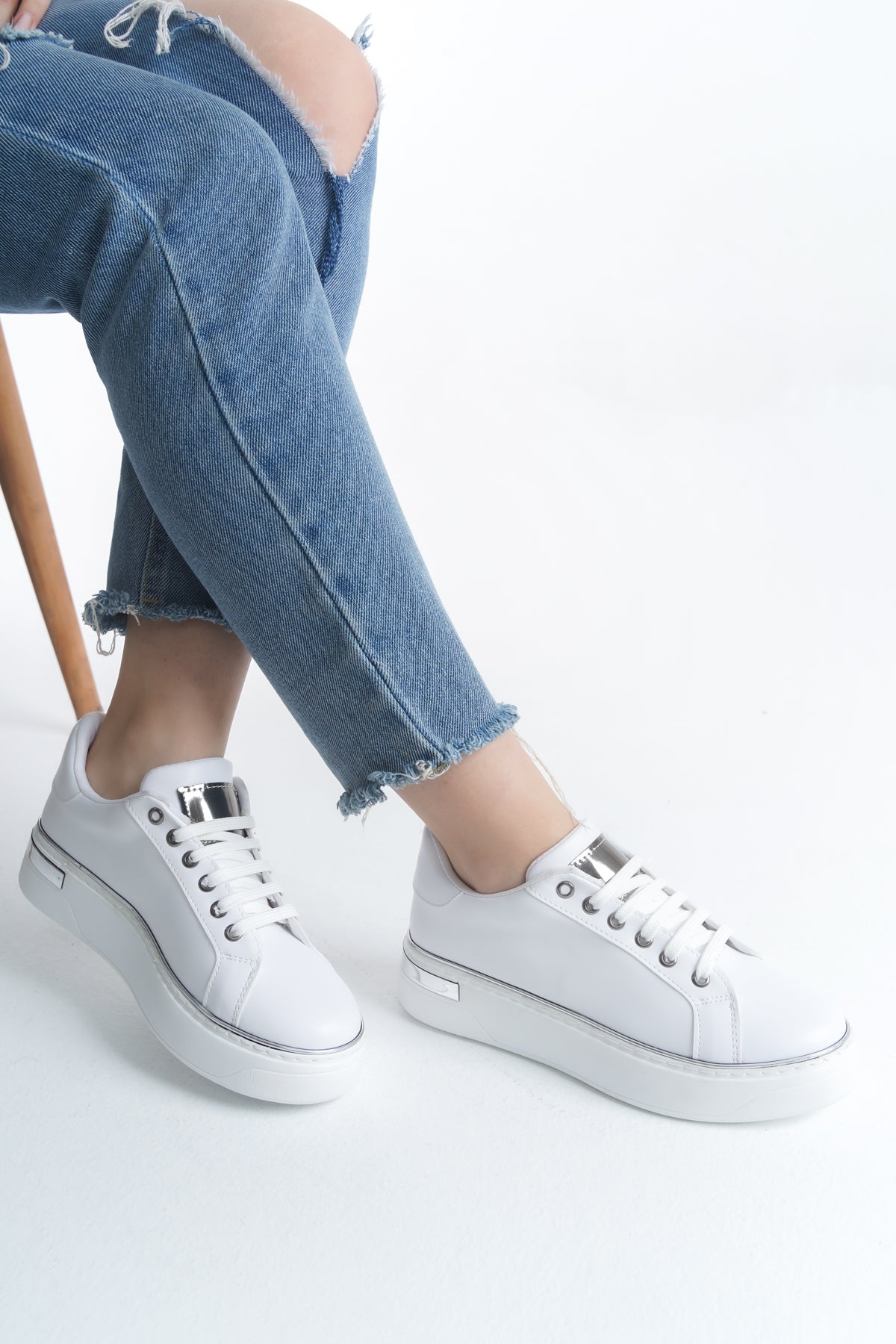 MINA Lace-Up Orthopedic Sole Women's Sneakers - White/Silver