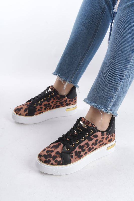 MINA Lace-Up Orthopedic Sole Leopard Patterned Women's Sneakers - Brown