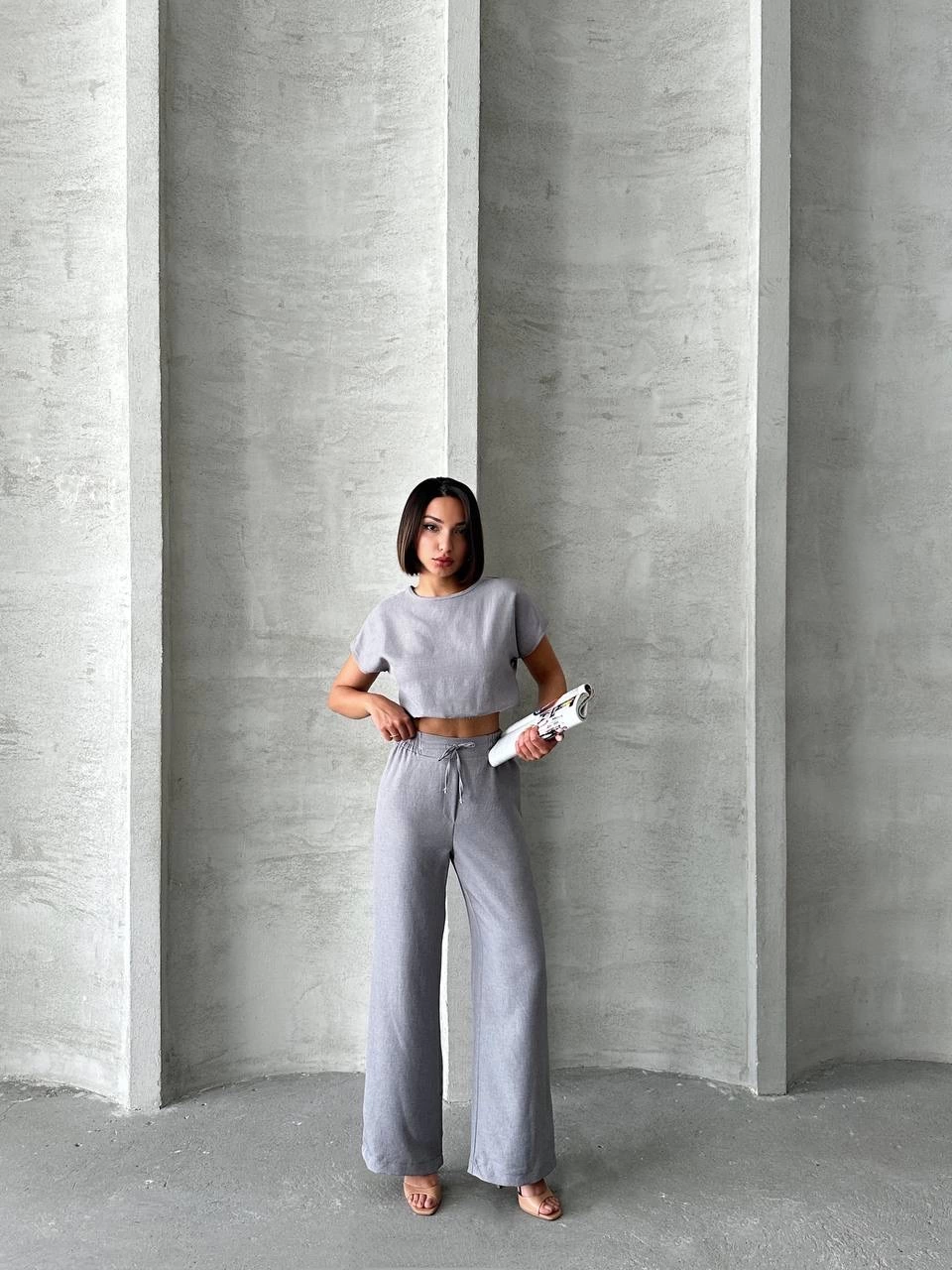Modern Cut High Waist Gray Blouse Trouser Set