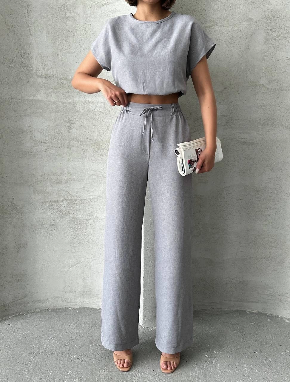 Modern Cut High Waist Gray Blouse Trouser Set