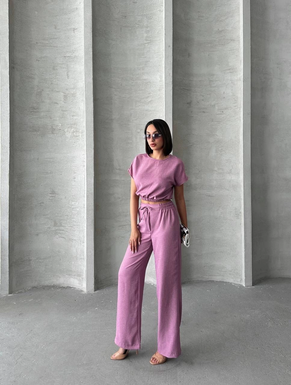 Modern Cut High Waist Rose Color Blouse Trouser Set