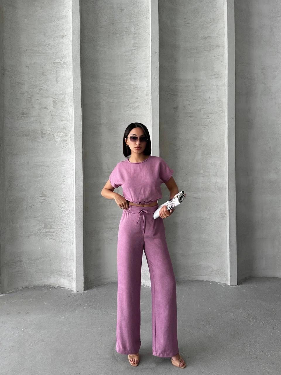 Modern Cut High Waist Rose Color Blouse Trouser Set