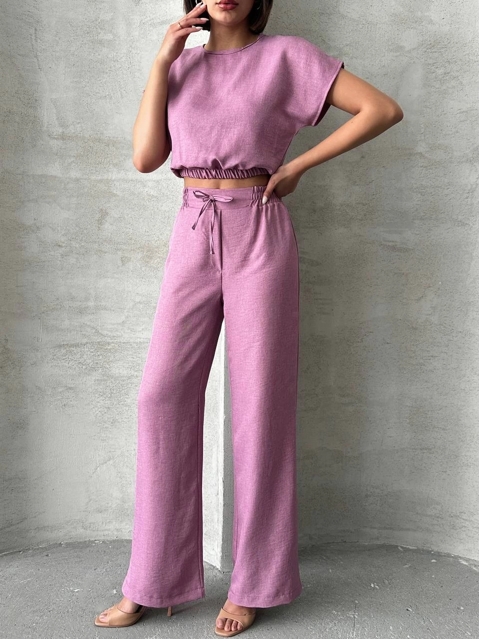 Modern Cut High Waist Rose Color Blouse Trouser Set