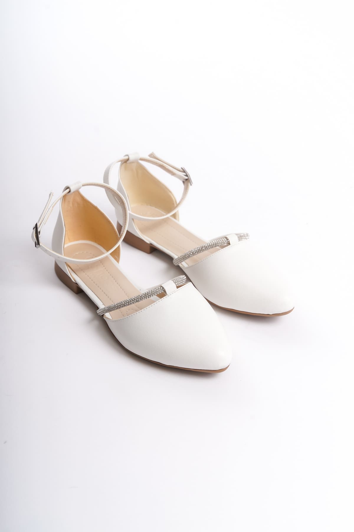 MONICA Buckled Orthopedic Comfortable Sole Stone Detailed Women's Ballerina Shoes - White