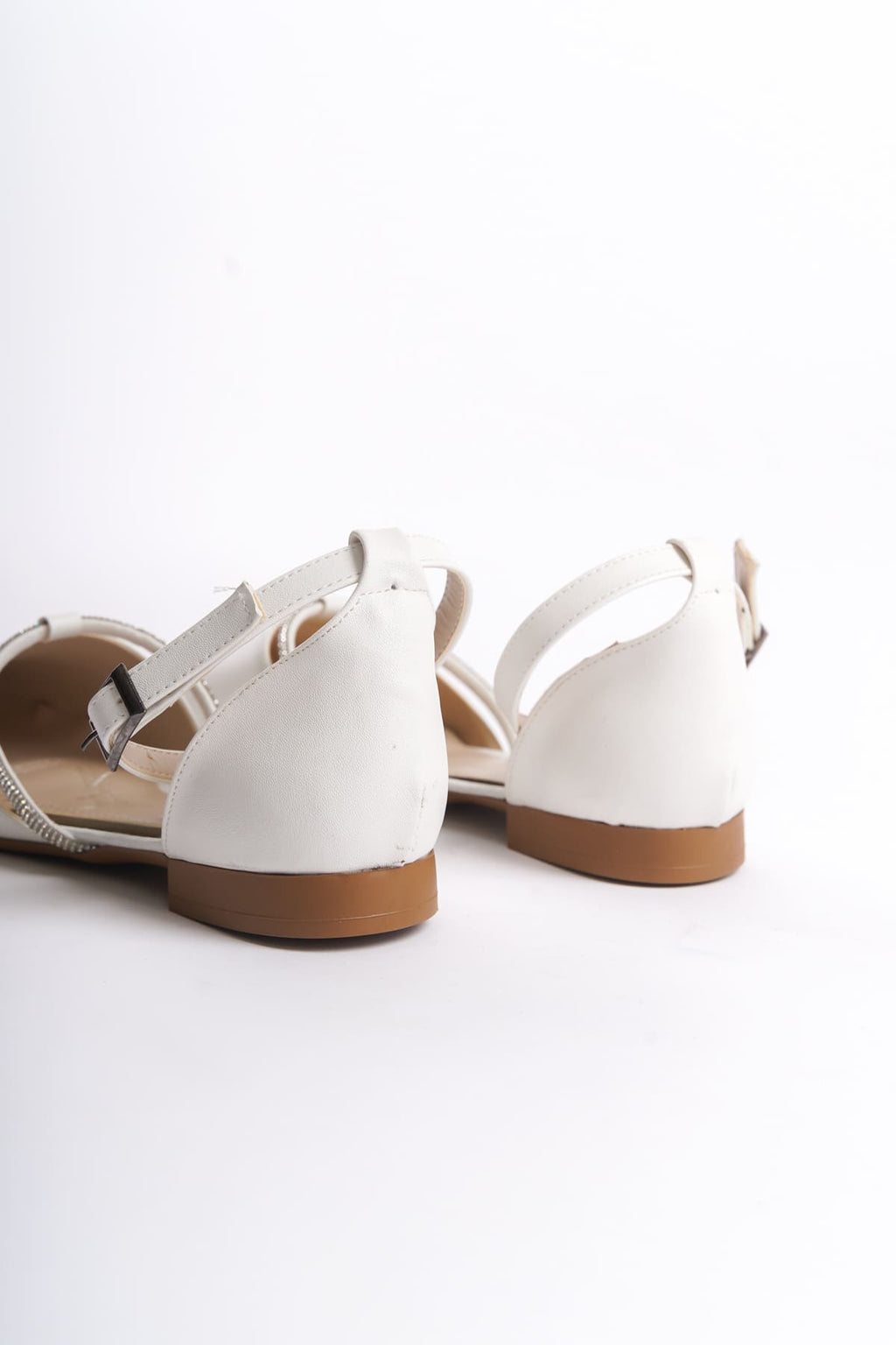 MONICA Buckled Orthopedic Comfortable Sole Stone Detailed Women's Ballerina Shoes - White