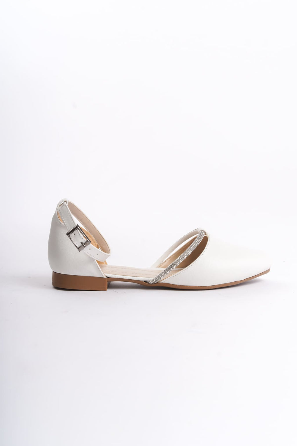 MONICA Buckled Orthopedic Comfortable Sole Stone Detailed Women's Ballerina Shoes - White