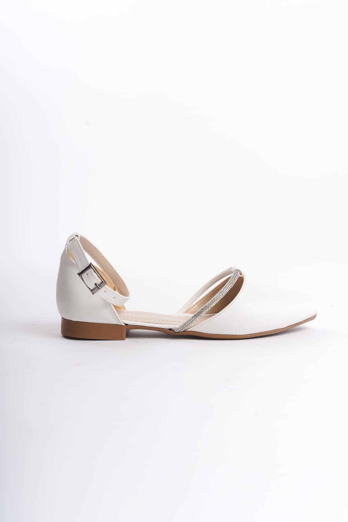 MONICA Buckled Orthopedic Comfortable Sole Stone Detailed Women's Ballerina Shoes - White