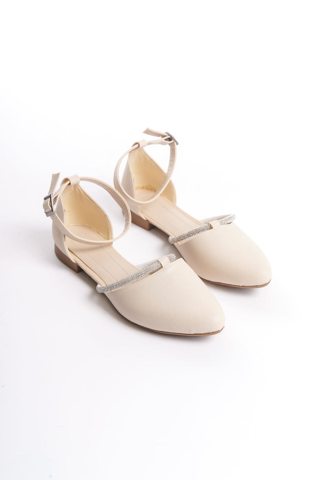 MONICA Buckled Orthopedic Comfortable Sole Stone Detailed Women's Ballerina Shoes - Cream