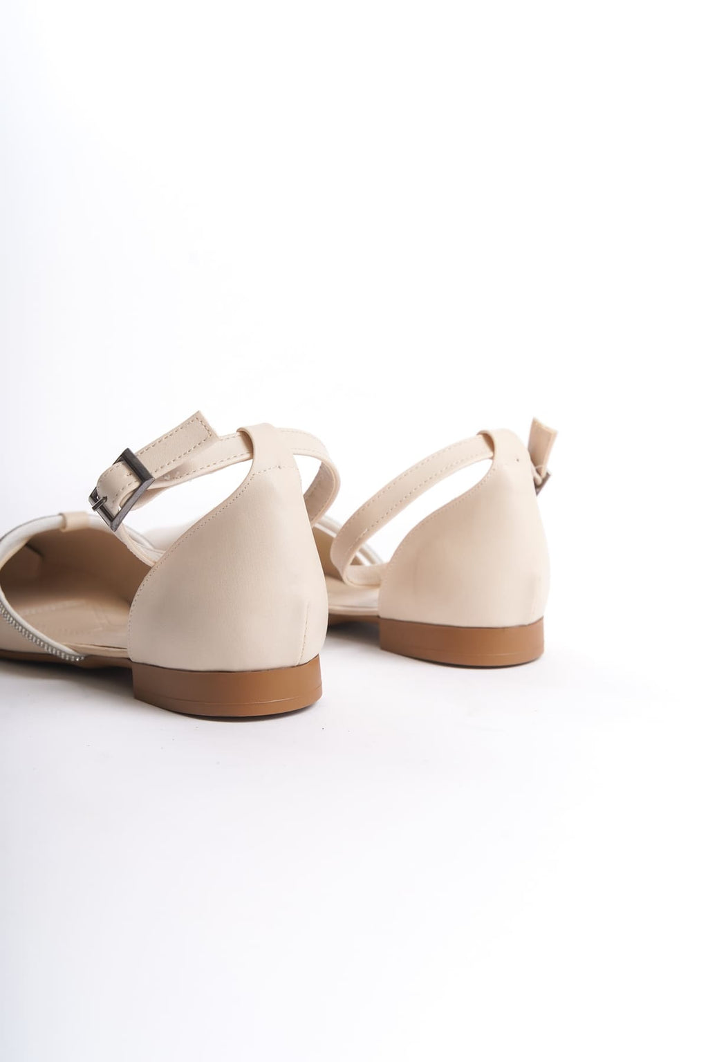 MONICA Buckled Orthopedic Comfortable Sole Stone Detailed Women's Ballerina Shoes - Cream