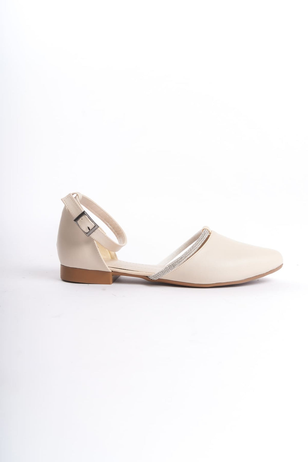 MONICA Buckled Orthopedic Comfortable Sole Stone Detailed Women's Ballerina Shoes - Cream