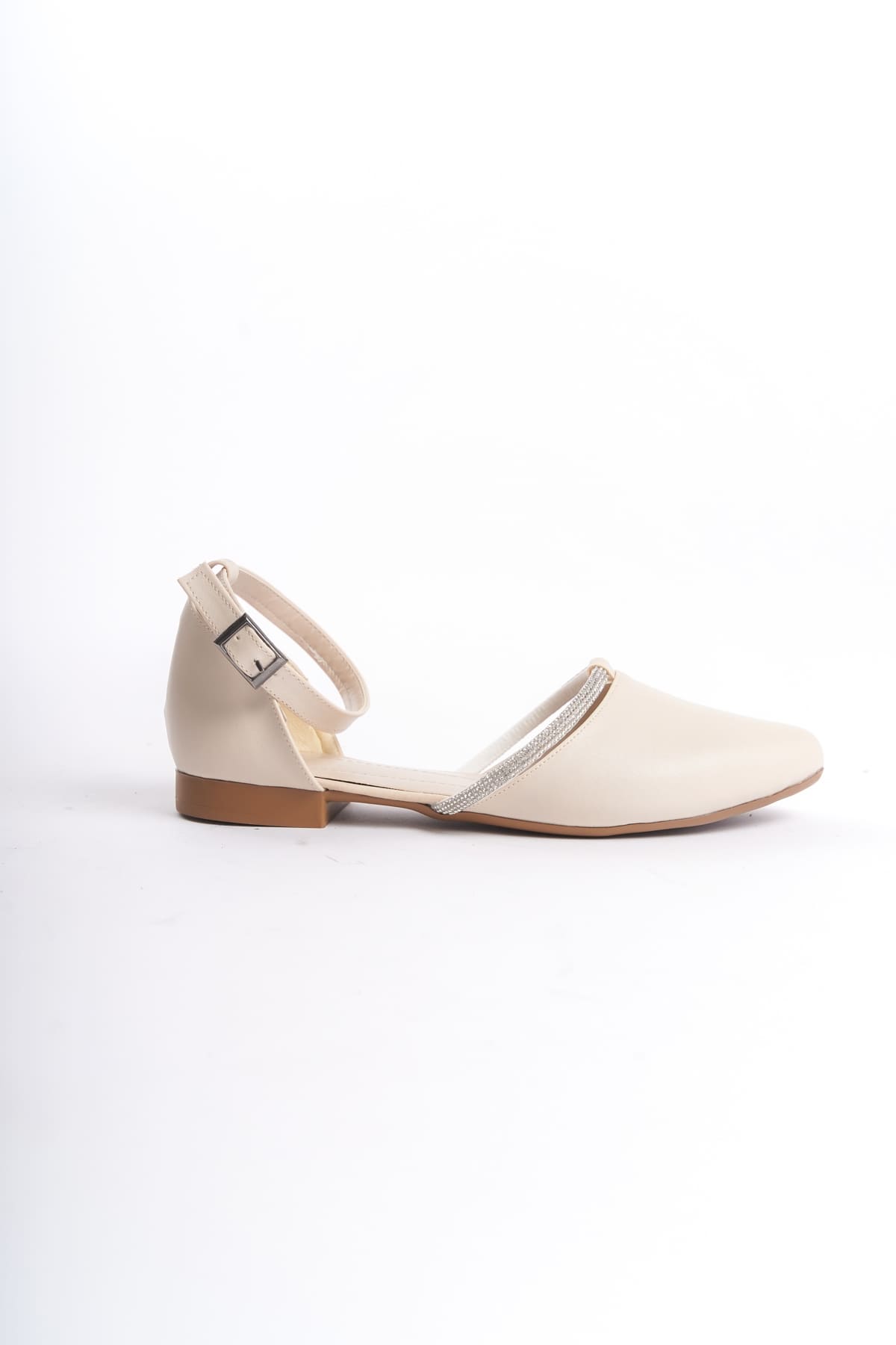 MONICA Buckled Orthopedic Comfortable Sole Stone Detailed Women's Ballerina Shoes - Cream