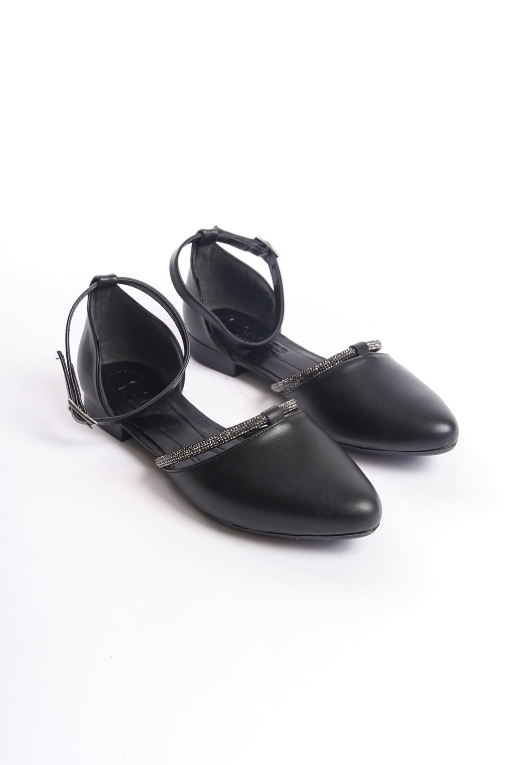 MONICA Buckled Orthopedic Comfortable Sole Stone Detailed Women's Ballerina Shoes - Black