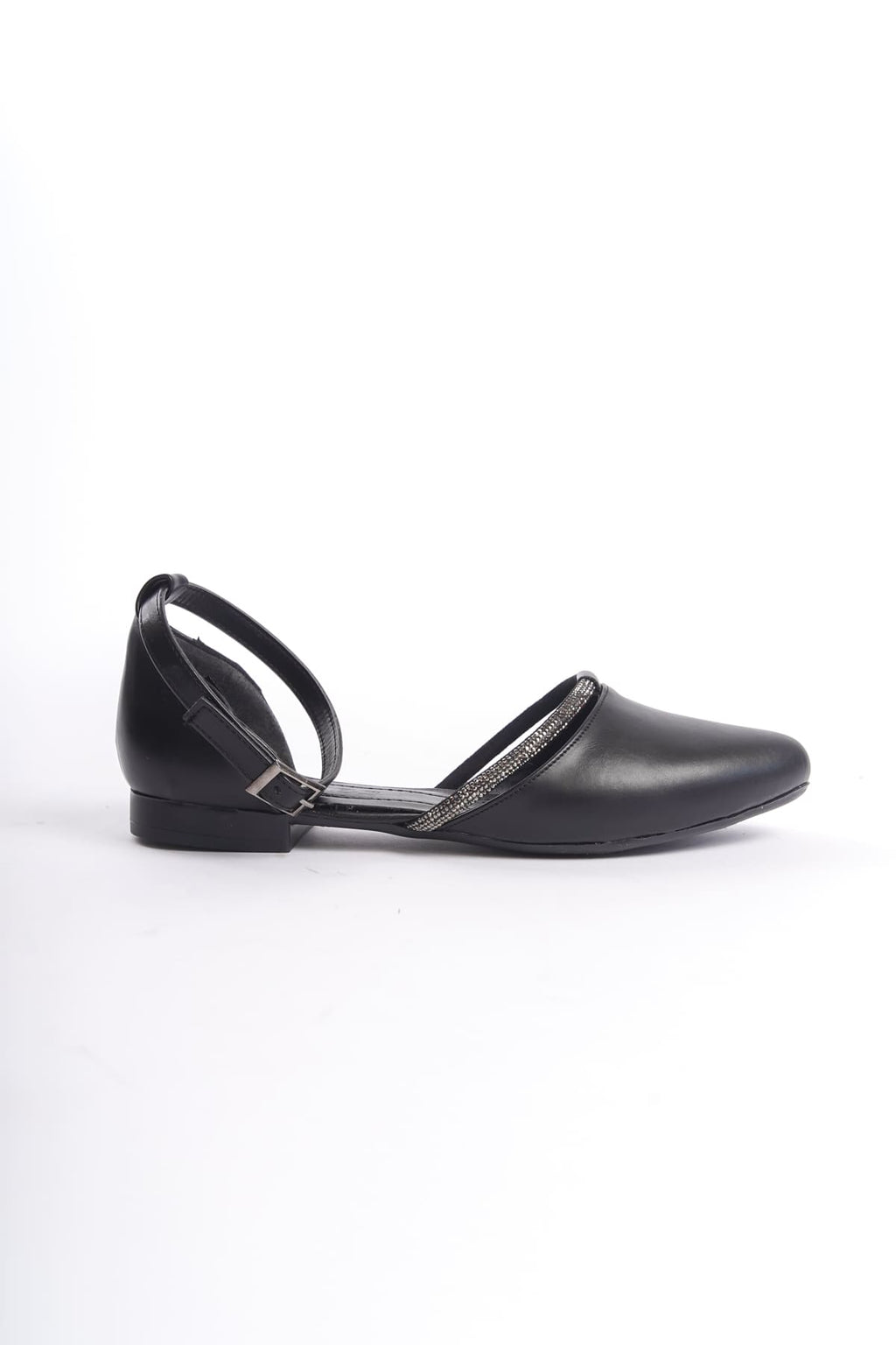 MONICA Buckled Orthopedic Comfortable Sole Stone Detailed Women's Ballerina Shoes - Black