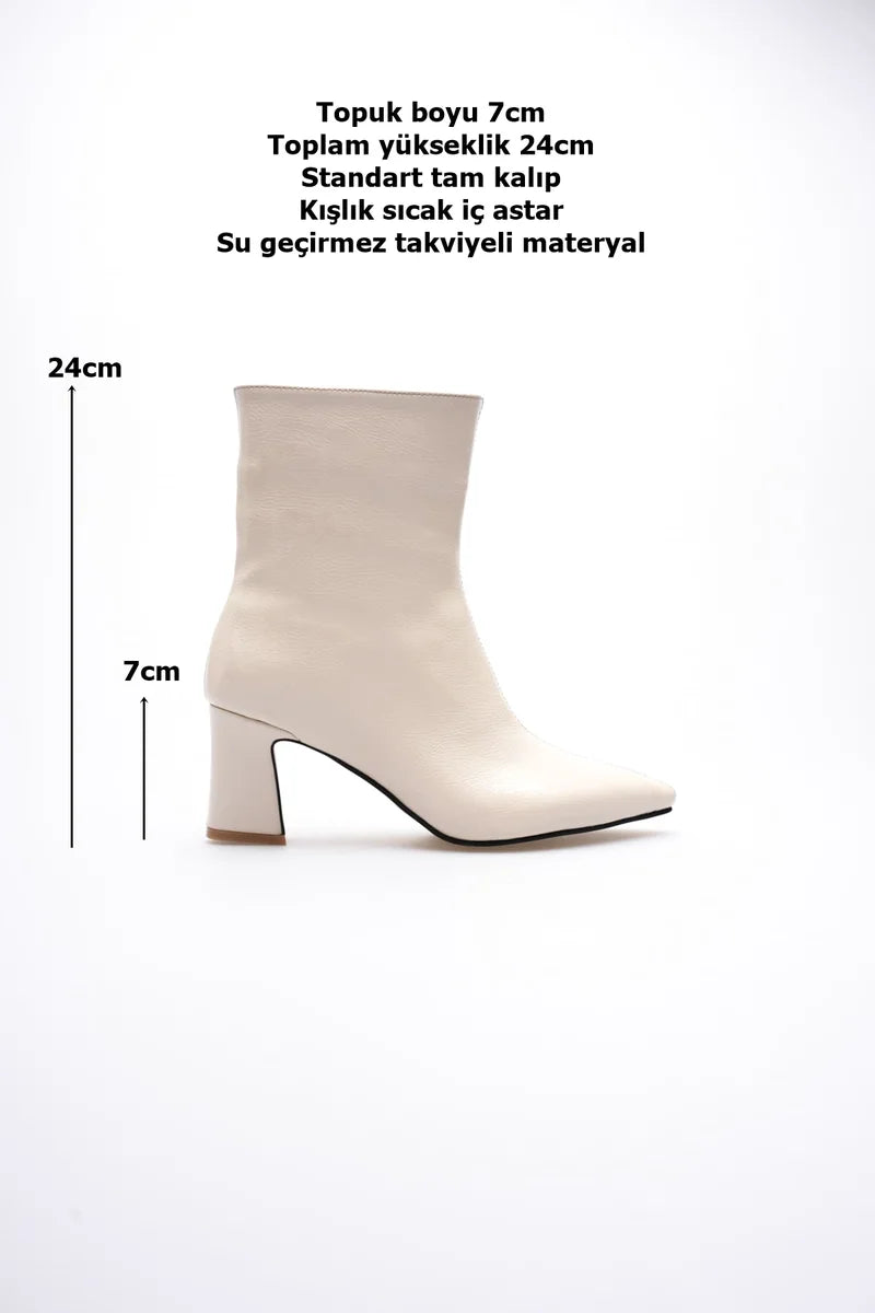 ZRCB2 Premium Krem Kalın Topuklu Fermuarlı Kışlık Bot (7cm)