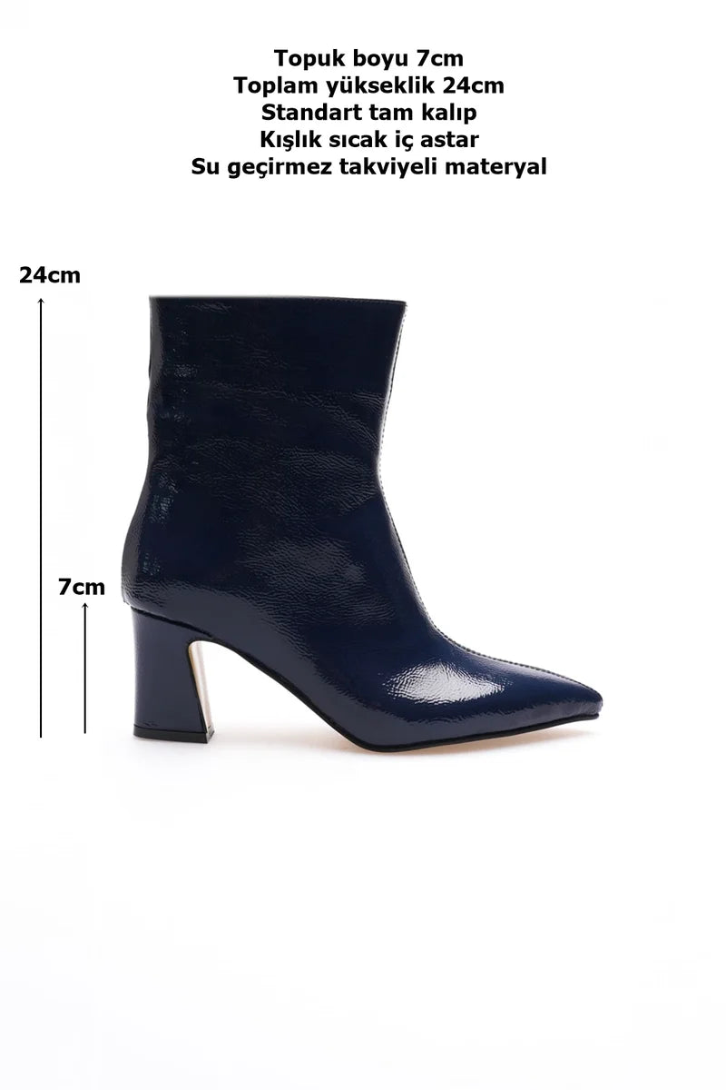 ZRCB2 Premium Lacivert Rugan Kalın Topuklu Fermuarlı Kışlık Bot (7cm)