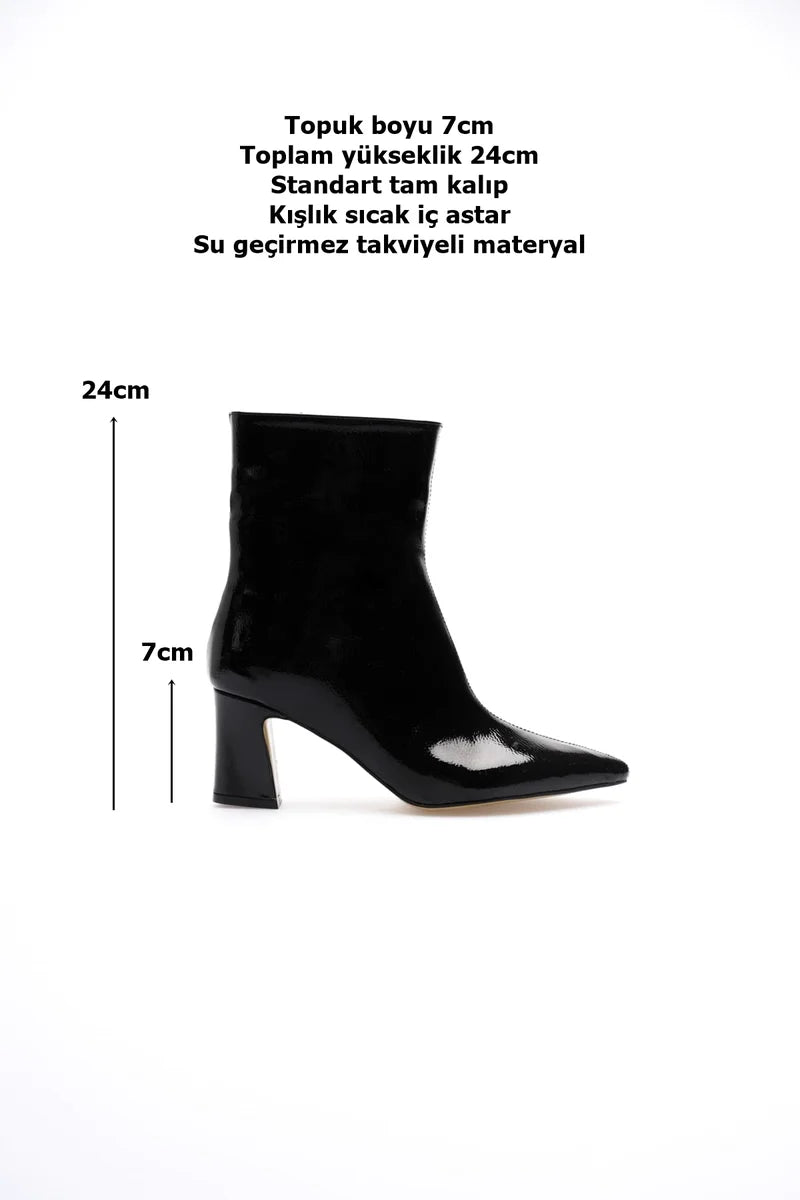 ZRCB2 Premium Siyah Rugan Kalın Topuklu Fermuarlı Kışlık Bot (7cm)