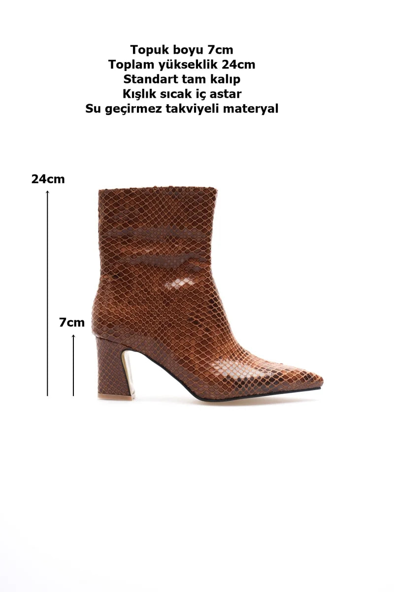 ZRCB2 Premium Taba Desenli Kalın Topuklu Fermuarlı Kışlık Bot (7cm)