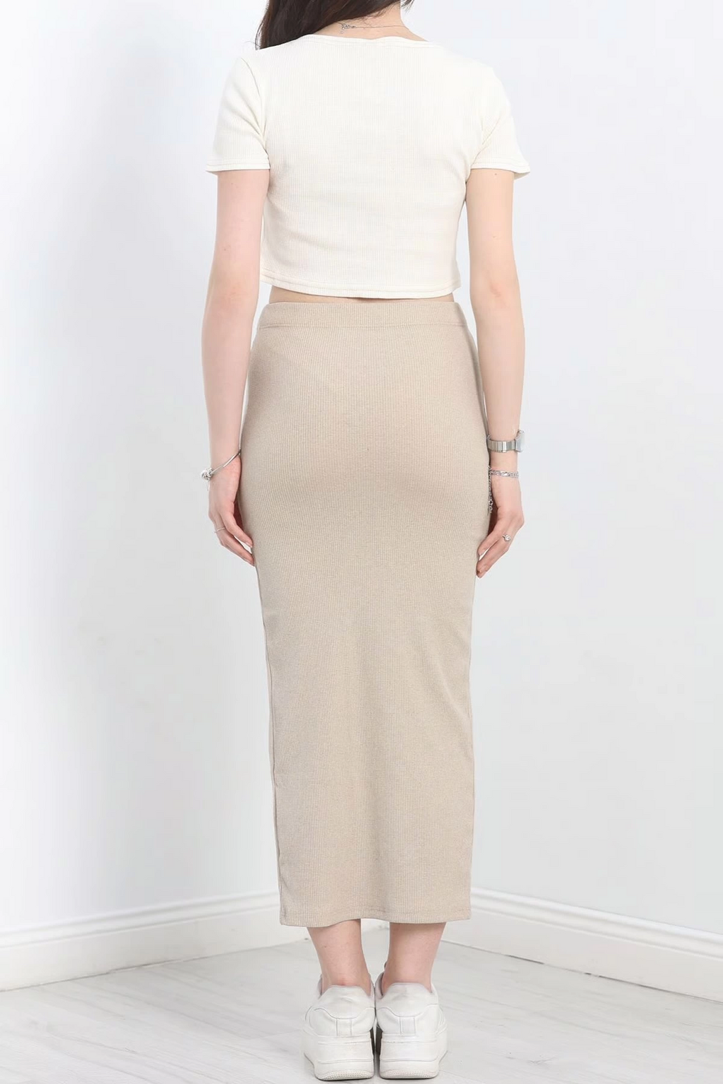 Embroidered Skirt Suit Beige White